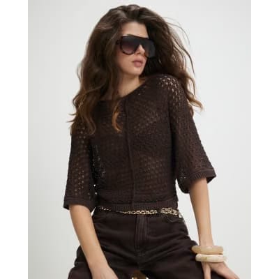 Brown Open Stitch Knitted T-Shirt