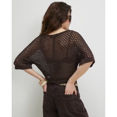 Brown Open Stitch Knitted T-Shirt