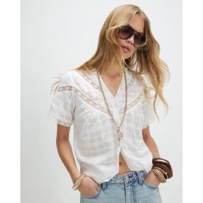 White Lace Detail Short Sleeve Blouse