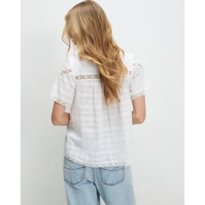White Lace Detail Short Sleeve Blouse