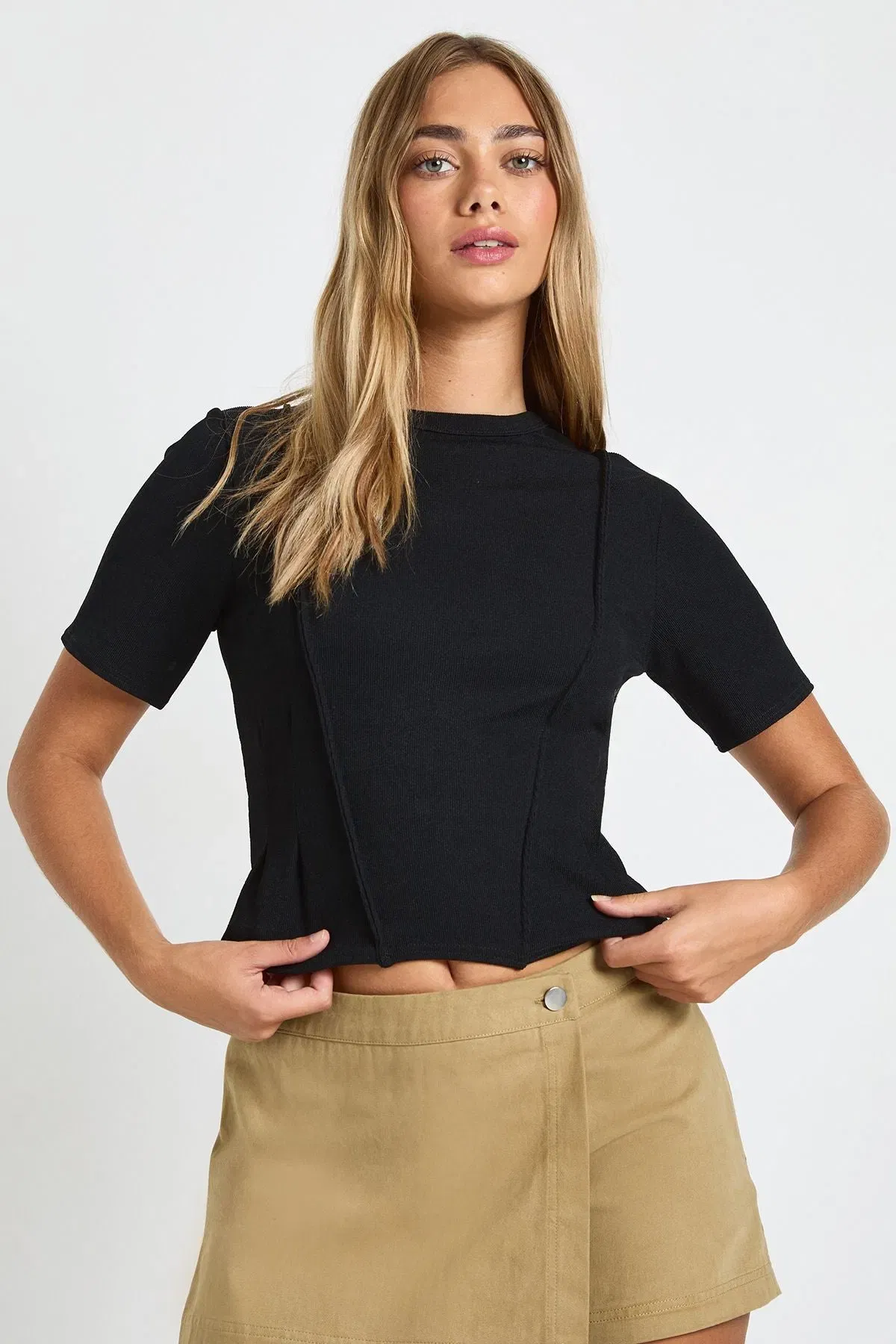 Rib Cinched Waist Seam Detail Fitted Top