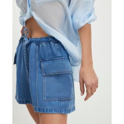 Blue Elasticated Waist Denim Cargo Shorts