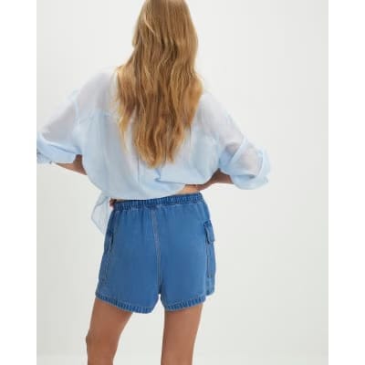 Blue Elasticated Waist Denim Cargo Shorts