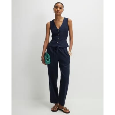 Navy Linen Blend Drawstring Tapered Trousers