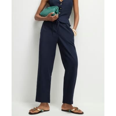 Navy Linen Blend Drawstring Tapered Trousers