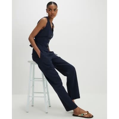 Navy Linen Blend Drawstring Tapered Trousers