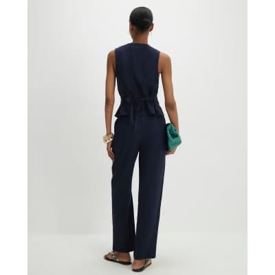 Navy Linen Blend Drawstring Tapered Trousers