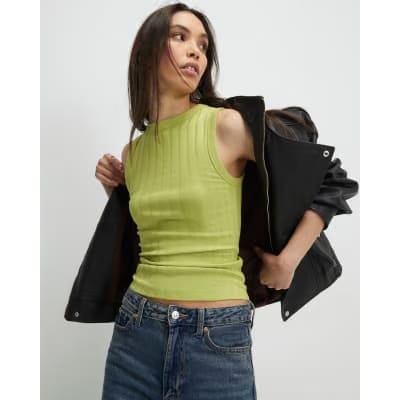 Green Sleeveless Wide Ribbed Tank Top