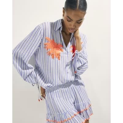 White Striped Embellished Palm Beach Shirt
