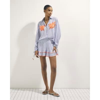 White Striped Embellished Palm Beach Shirt