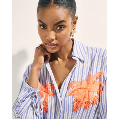 White Striped Embellished Palm Beach Shirt