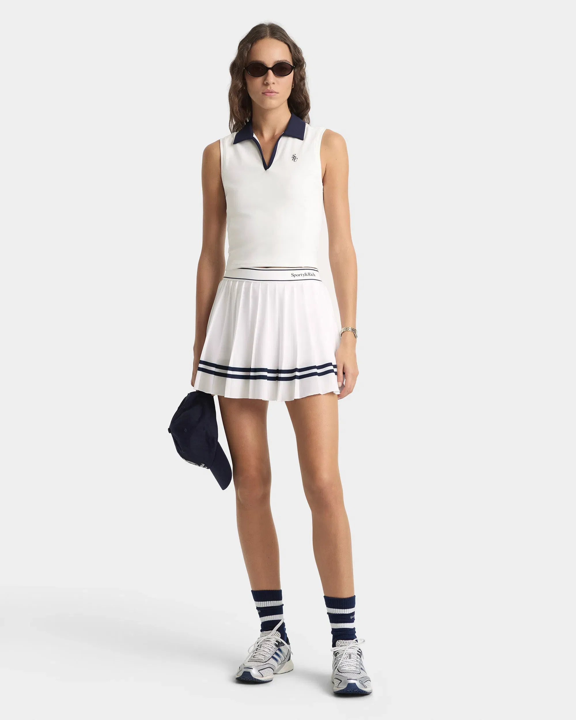 Serif Logo Pleated Skirt - White/Navy
