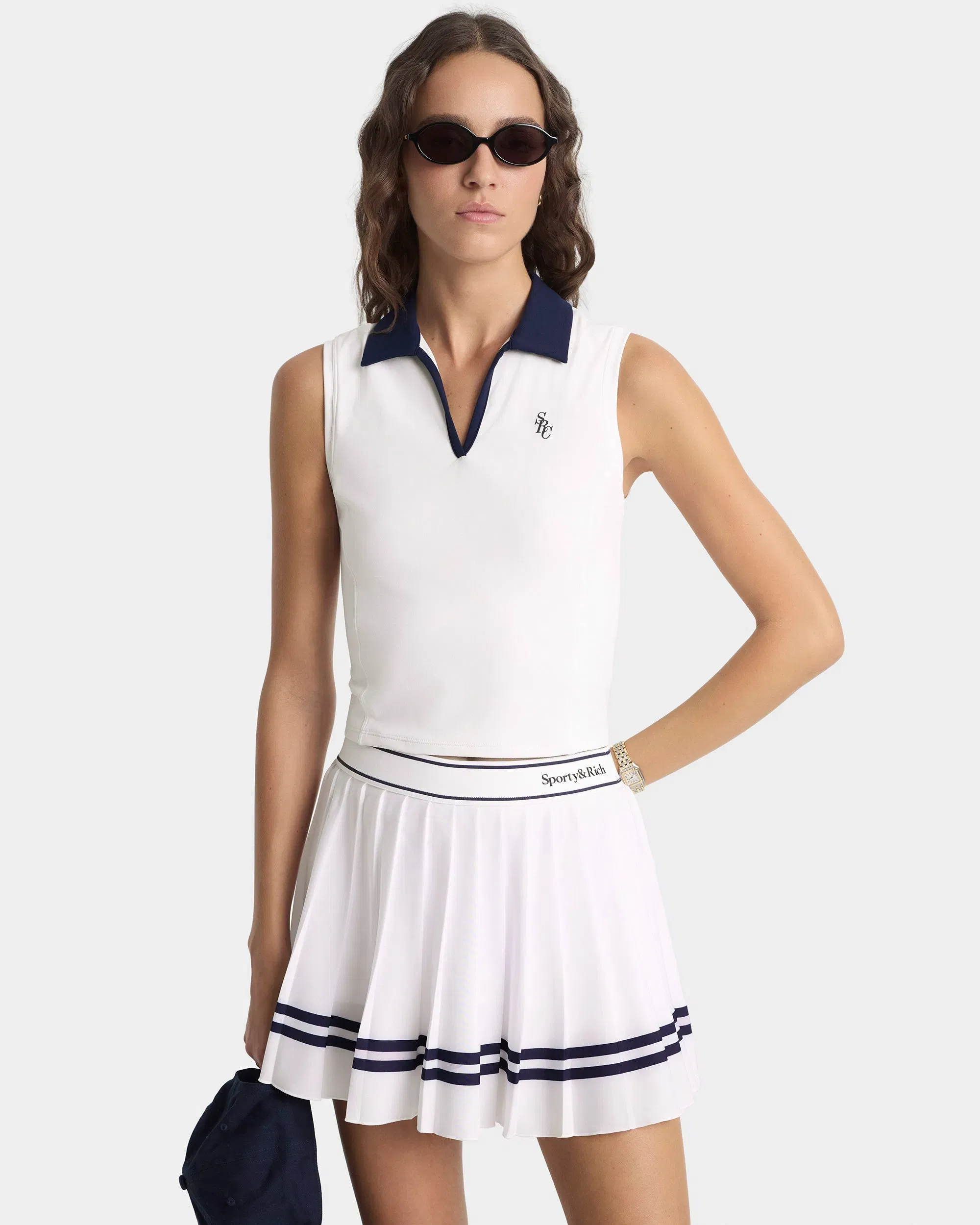Serif Logo Pleated Skirt - White/Navy