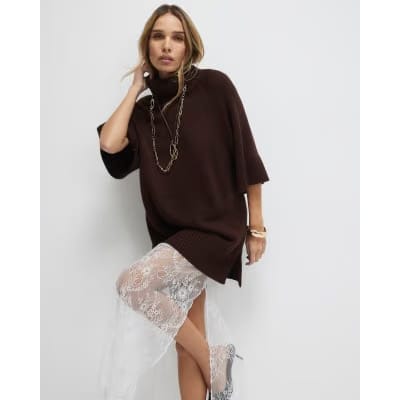 Brown Hybrid Lace Hem Midi Dress