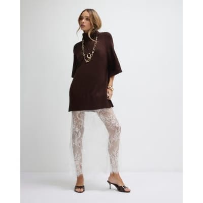 Brown Hybrid Lace Hem Midi Dress