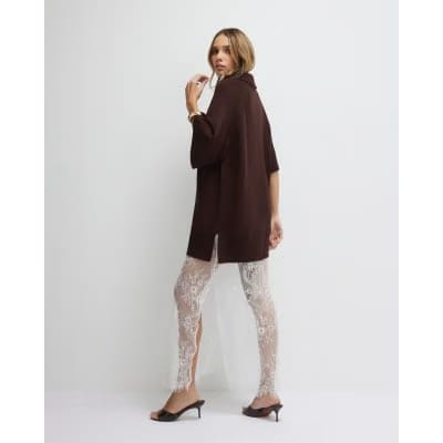 Brown Hybrid Lace Hem Midi Dress