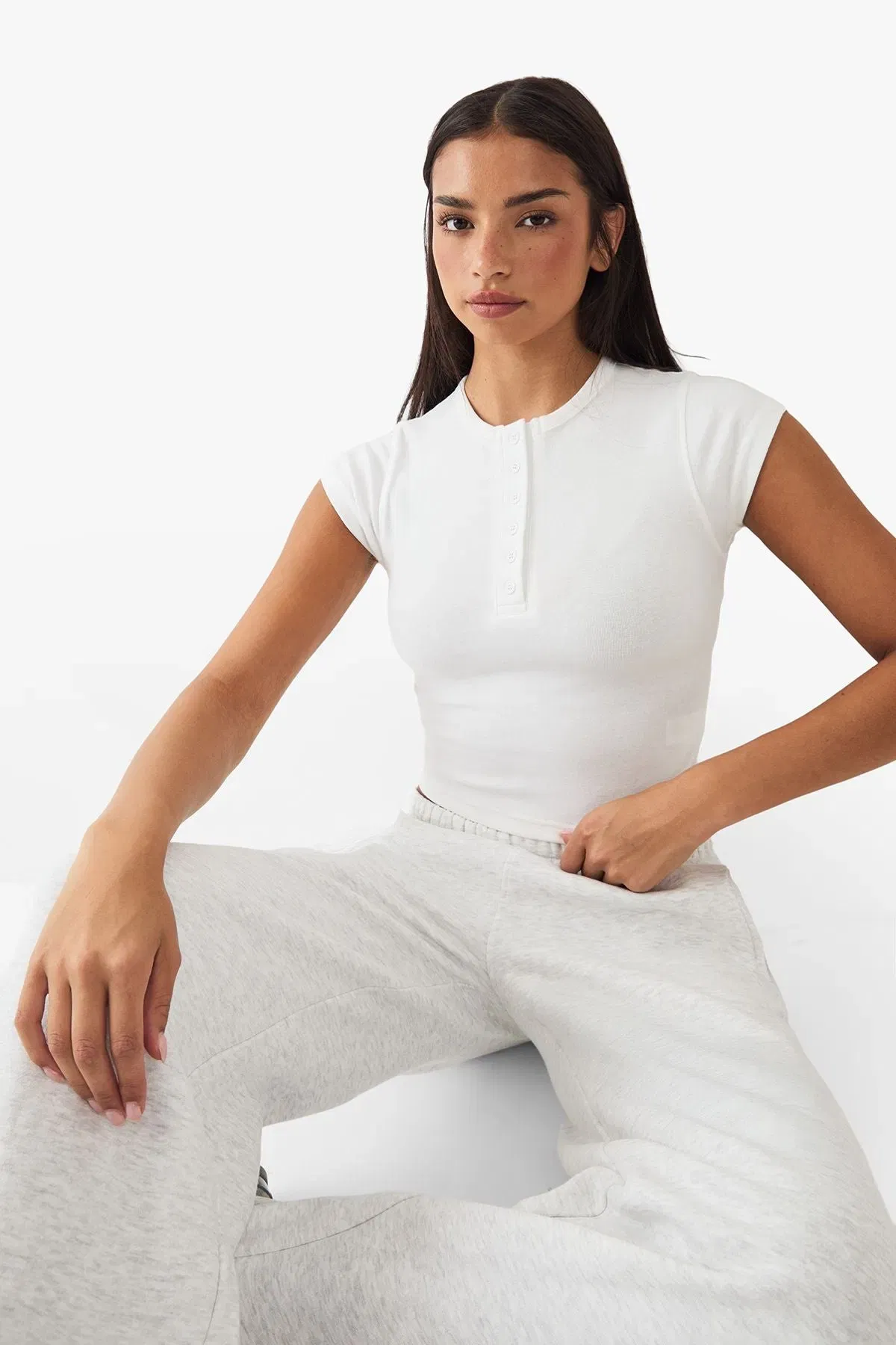 DSGN Studio Button Detail Embroidered Short Sleeve Top