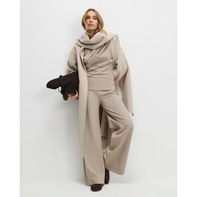 Beige Stretch Striped Wide Leg Trousers