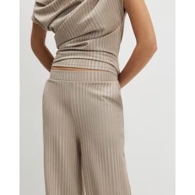 Beige Stretch Striped Wide Leg Trousers