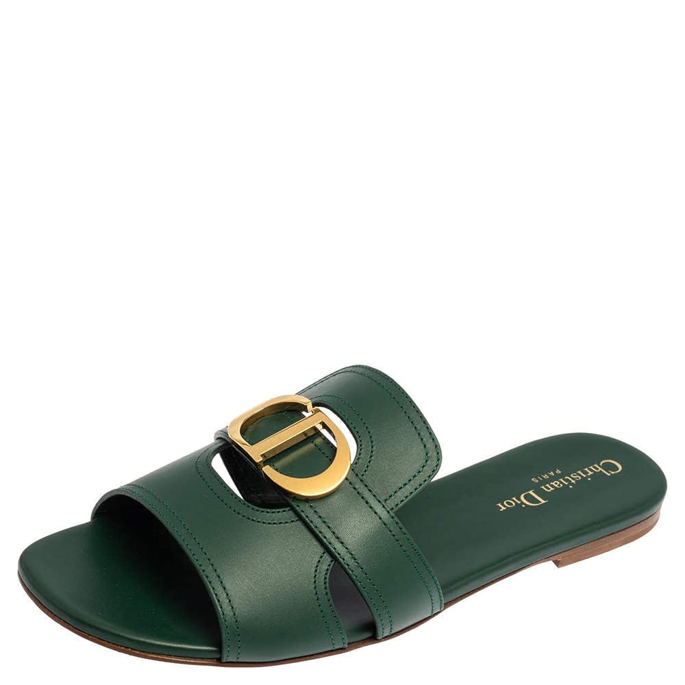 Dior Green Leather 30 Montaigne Flat Sandals
