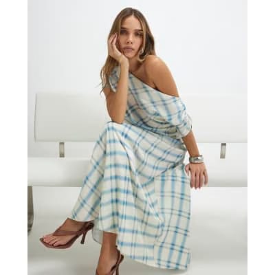 Blue Check Off The Shoulder Top