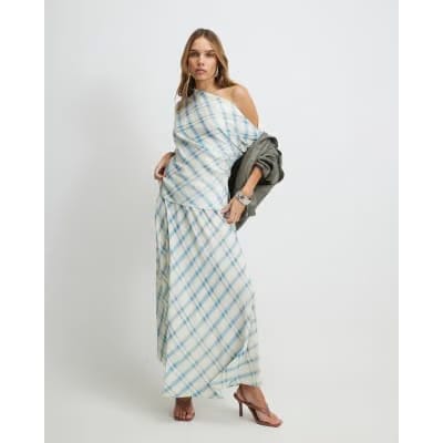 Blue Check Off The Shoulder Top