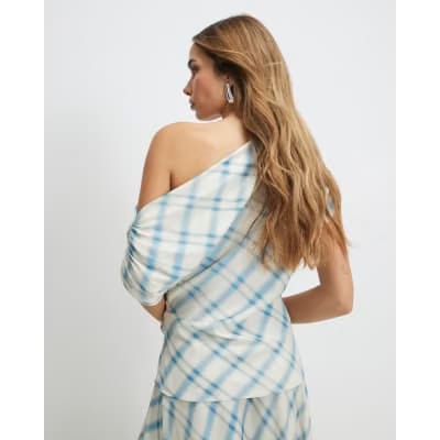 Blue Check Off The Shoulder Top