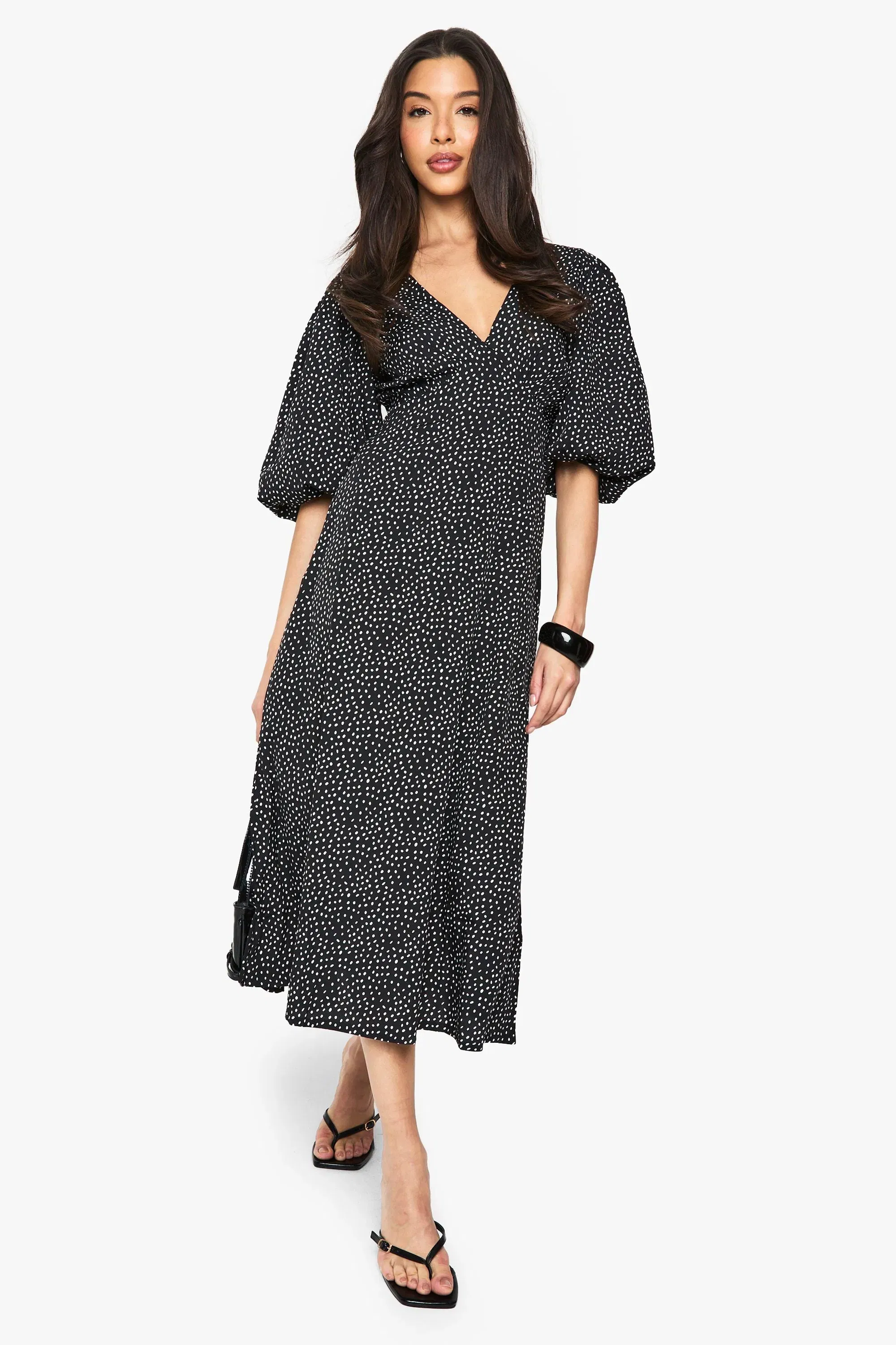 Polka Dot Puff Sleeve Tie Back Midi Dress