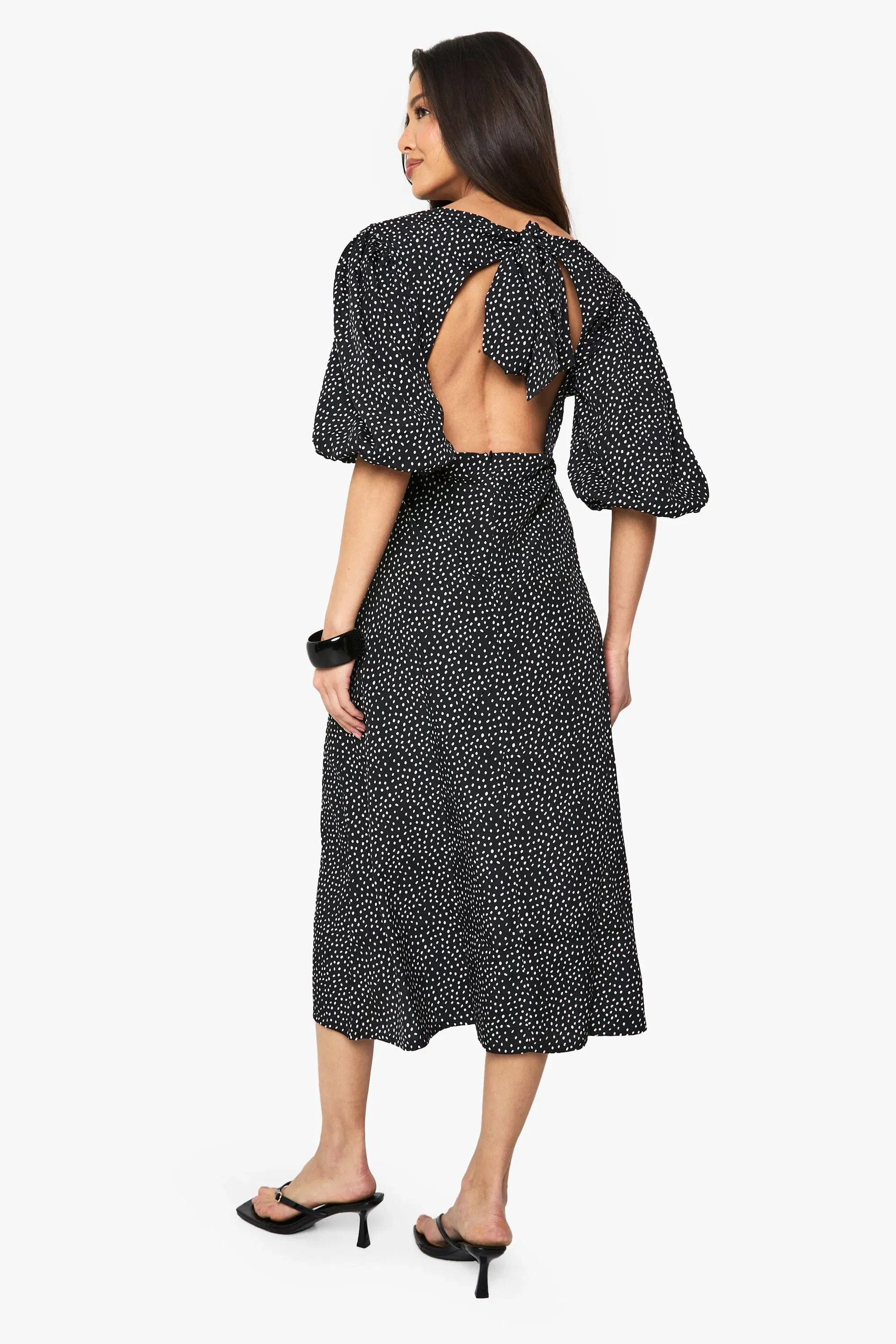 Polka Dot Puff Sleeve Tie Back Midi Dress