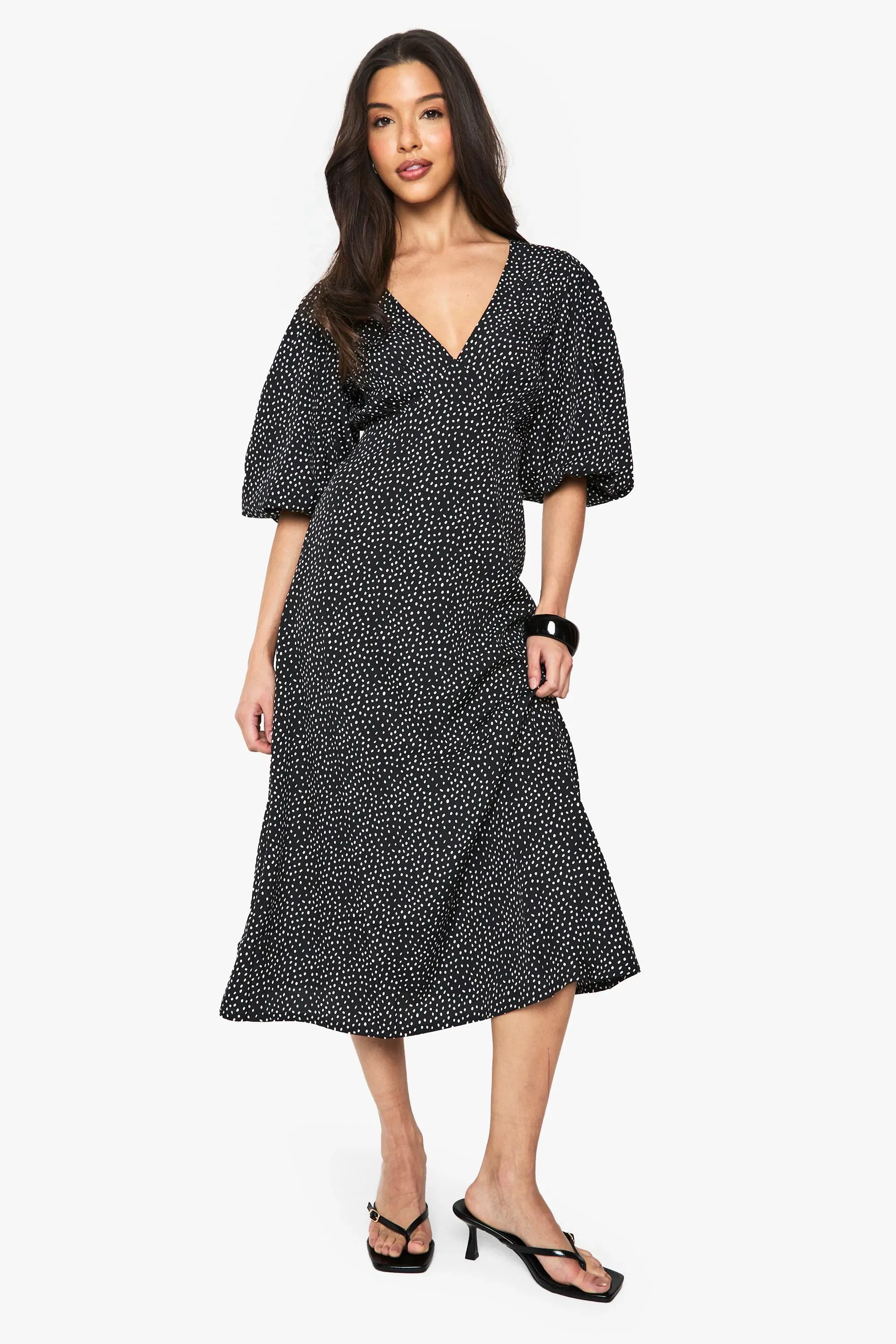 Polka Dot Puff Sleeve Tie Back Midi Dress