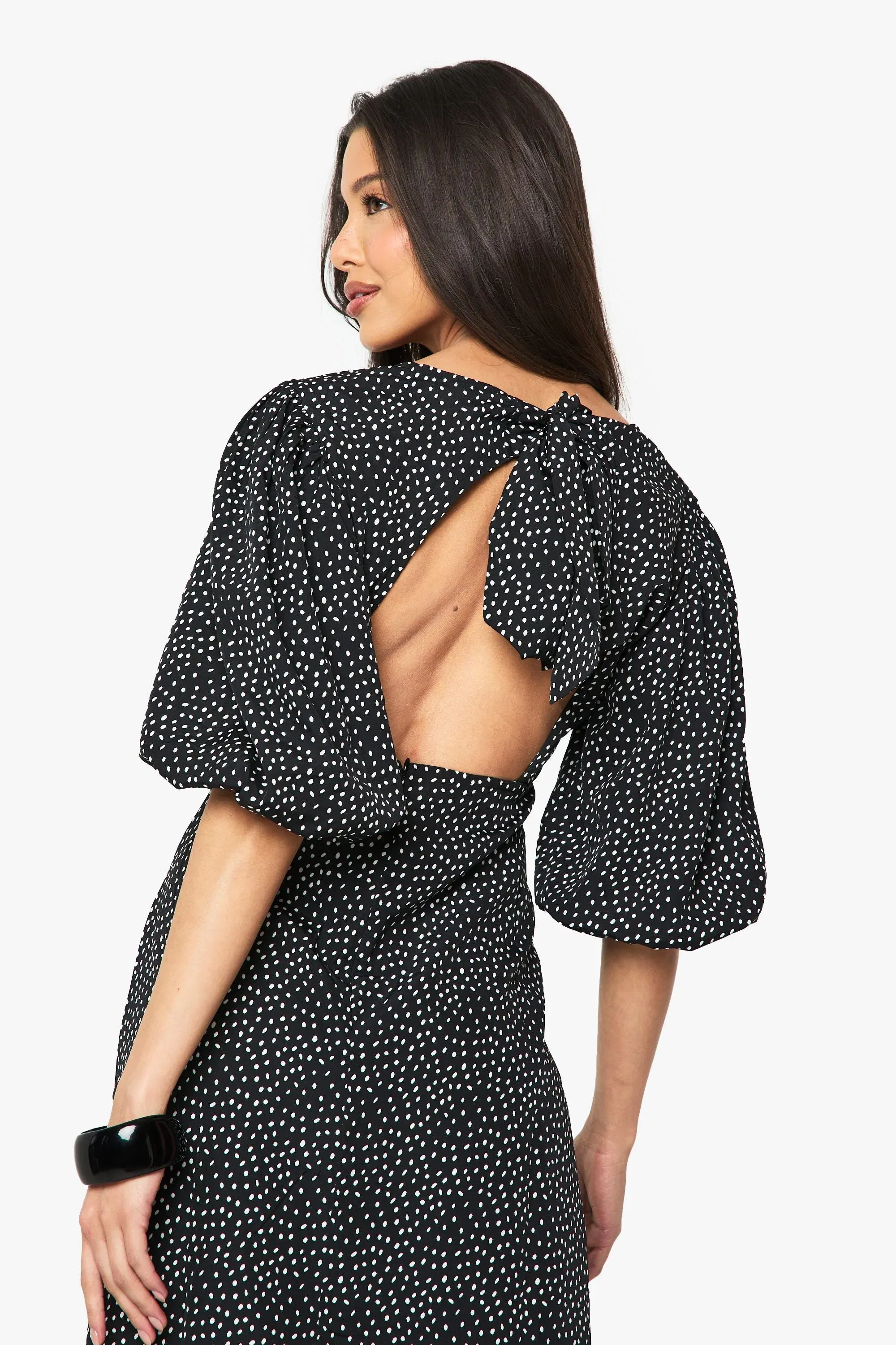 Polka Dot Puff Sleeve Tie Back Midi Dress