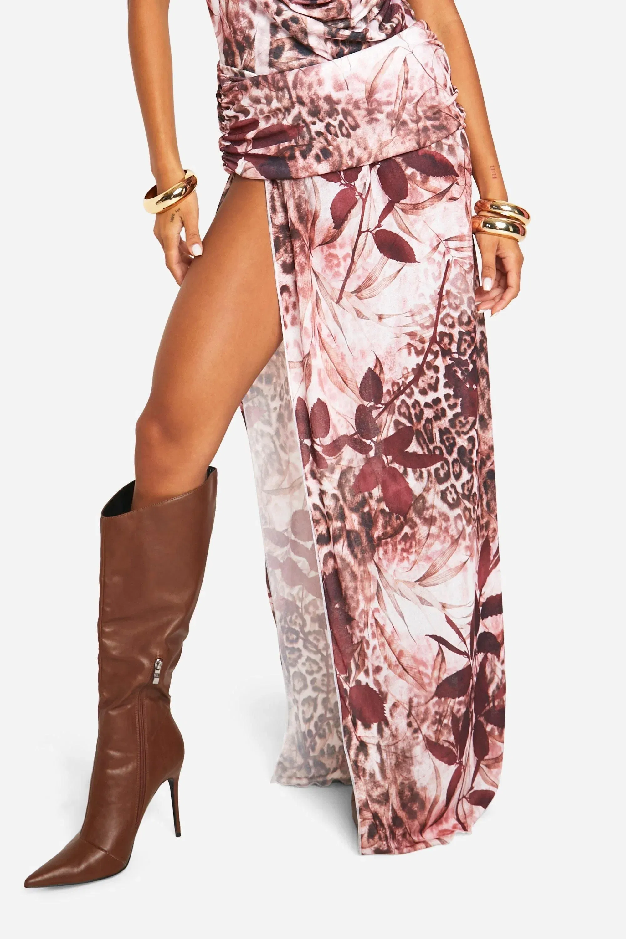 Mixed Floral Print Foldover Waistband Maxi Skirt