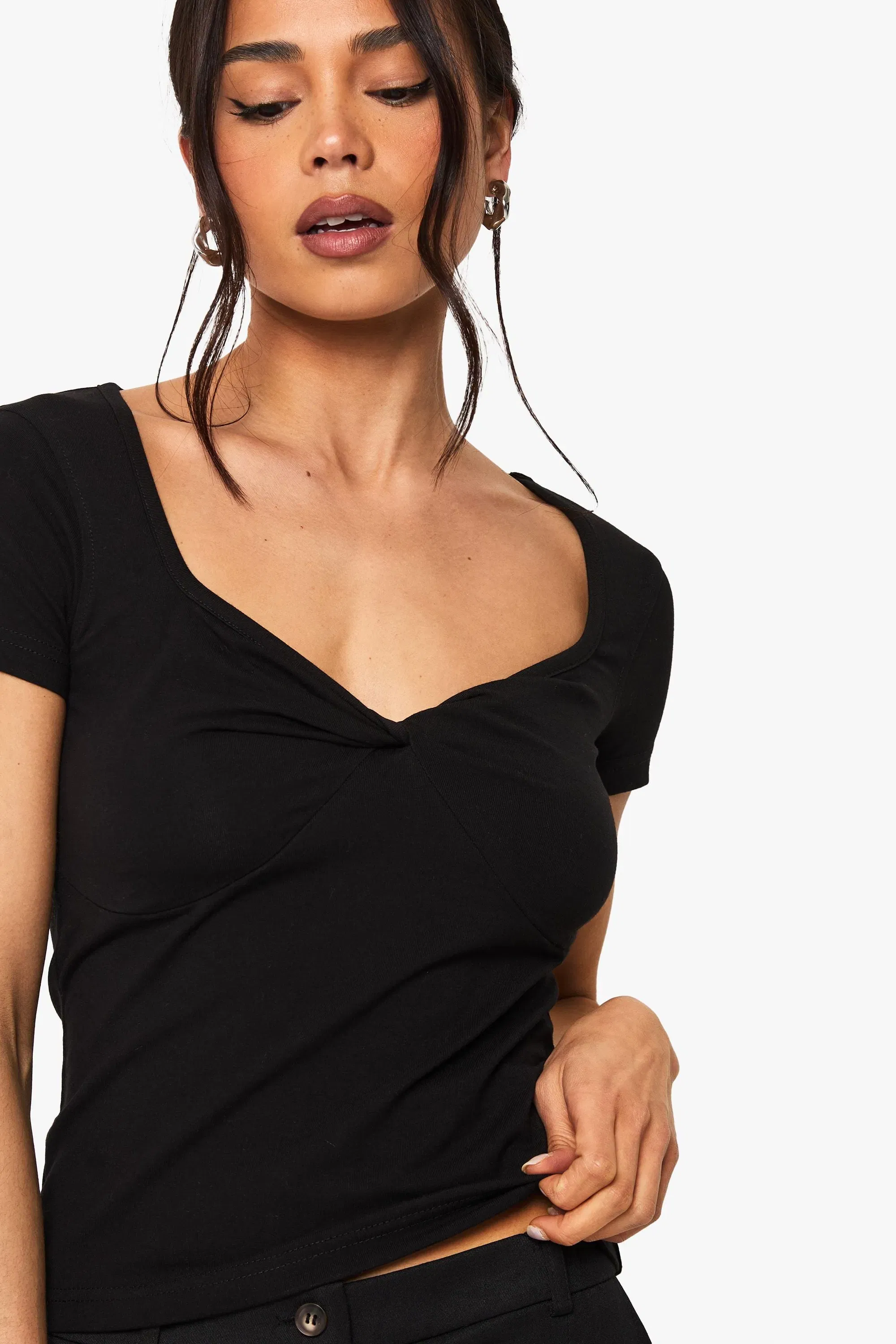 Twist Front Sweetheart Neckline Cap Sleeve Top