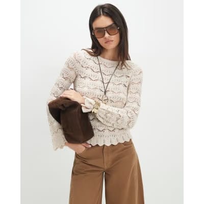 Cream Crochet Knit Boat Neck Jumper