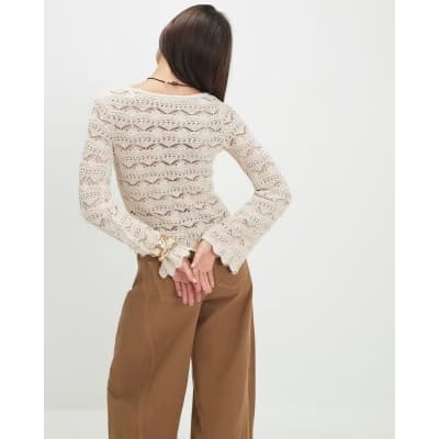 Cream Crochet Knit Boat Neck Jumper