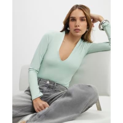 Green Plunge Neckline Long Sleeve Bodysuit