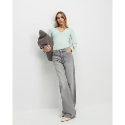 Green Plunge Neckline Long Sleeve Bodysuit