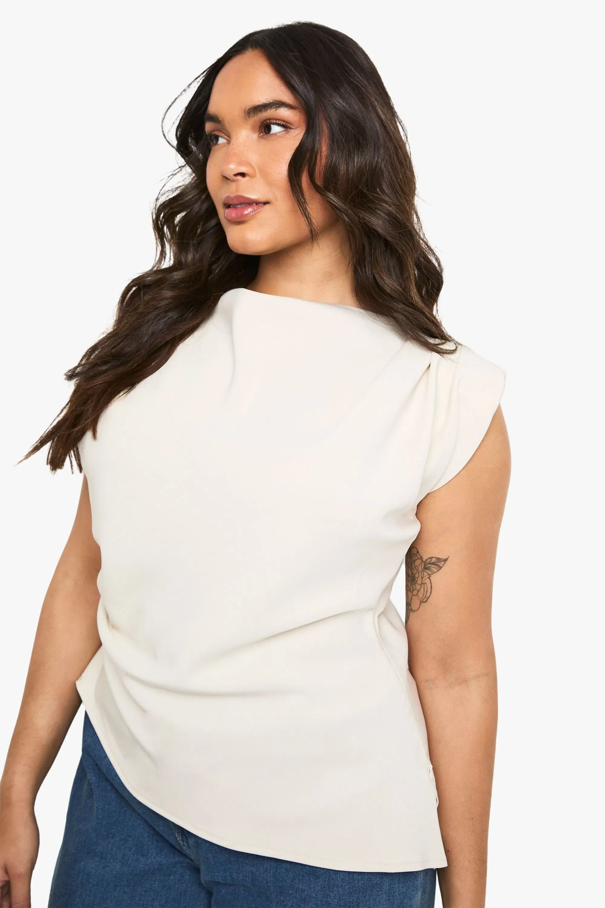 Plus Gathered Shoulder Pad Asymmetric Blouse