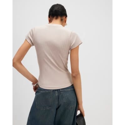 Beige Short Sleeve Fitted Ribbed T-shirt