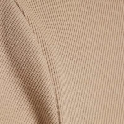Beige Short Sleeve Fitted Ribbed T-shirt