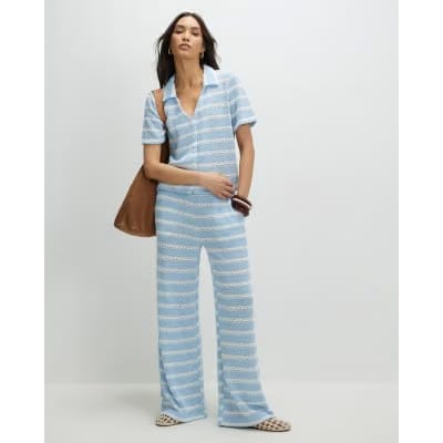 Blue Striped crochet Wide Leg Trousers