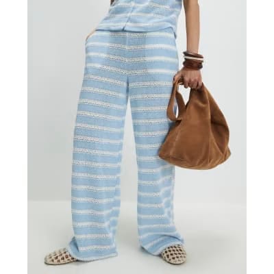 Blue Striped crochet Wide Leg Trousers