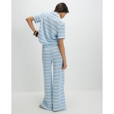 Blue Striped crochet Wide Leg Trousers