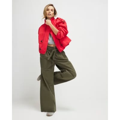 Khaki Belted Wide Leg Poplin Trousers