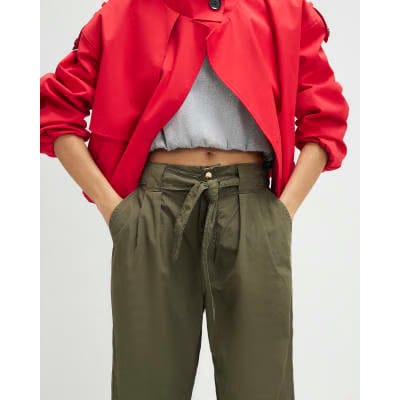 Khaki Belted Wide Leg Poplin Trousers
