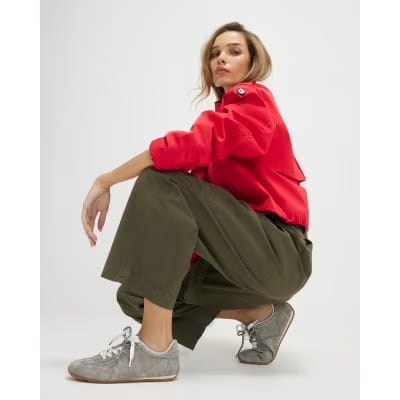 Khaki Belted Wide Leg Poplin Trousers