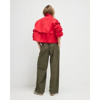 Khaki Belted Wide Leg Poplin Trousers