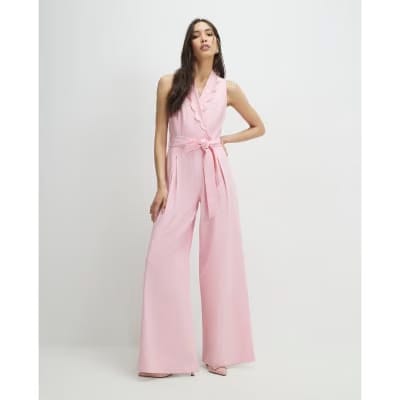 Pink Linen Blend Scallop Trim Jumpsuit