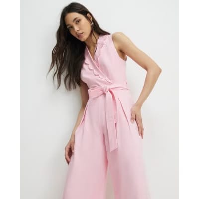 Pink Linen Blend Scallop Trim Jumpsuit