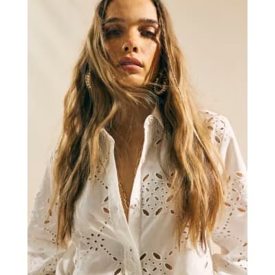 White Poplin Long Sleeve Broderie Shirt